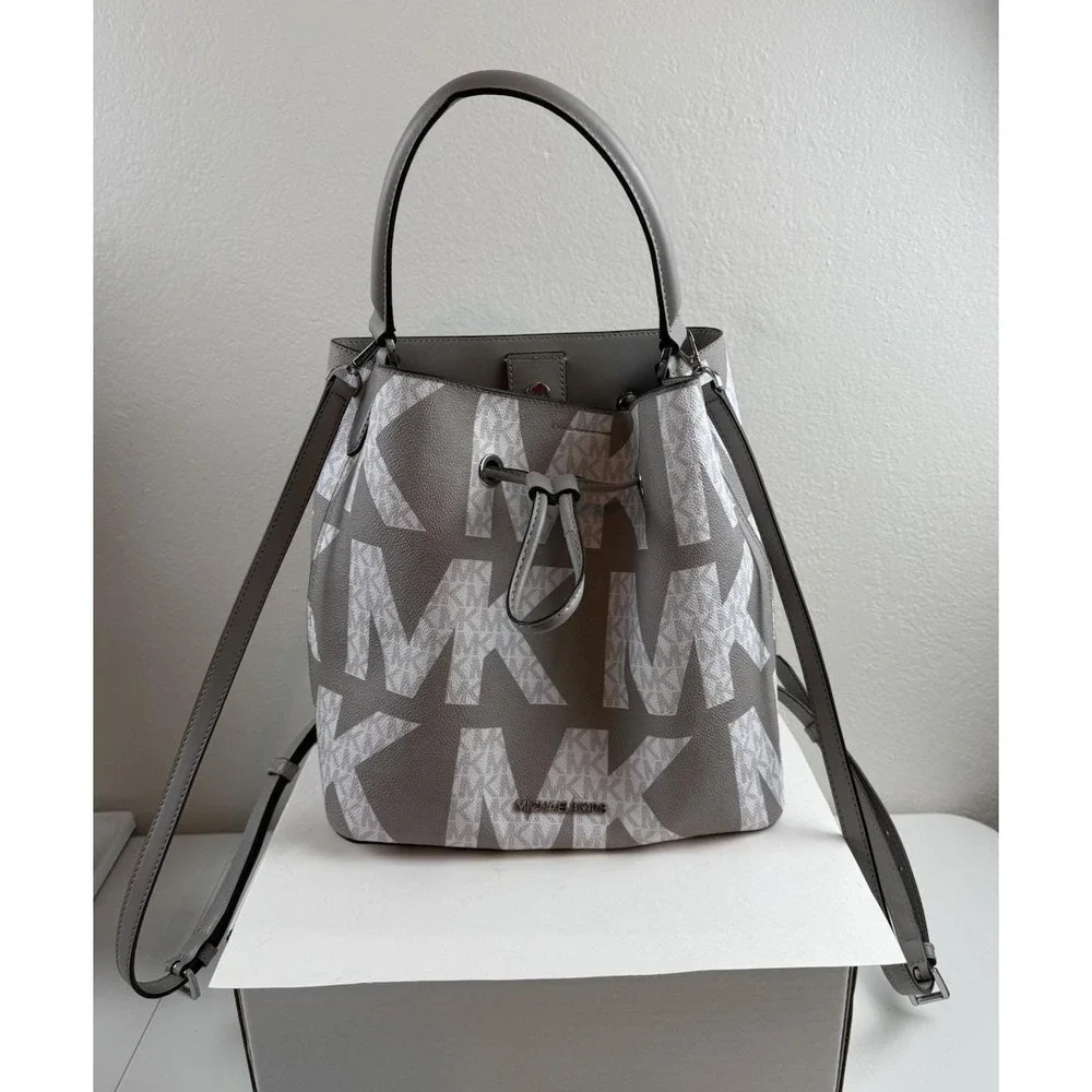 Michael Kors Suri Gray White Monogram Logo Print Convertible Bucket Backpack Bag